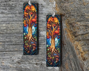 Earrings, Fall Stain Glass Look Tree Dangle Printed Earrings Jewelry Handmade