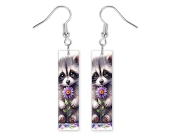 Baby Raccoon Dangle Printed Earrings Jewelry Handmade
