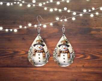 Snowman Earrings, Winter Forest Snowman Tear Drop Dangle Printed Earrings Jewelry Handmade