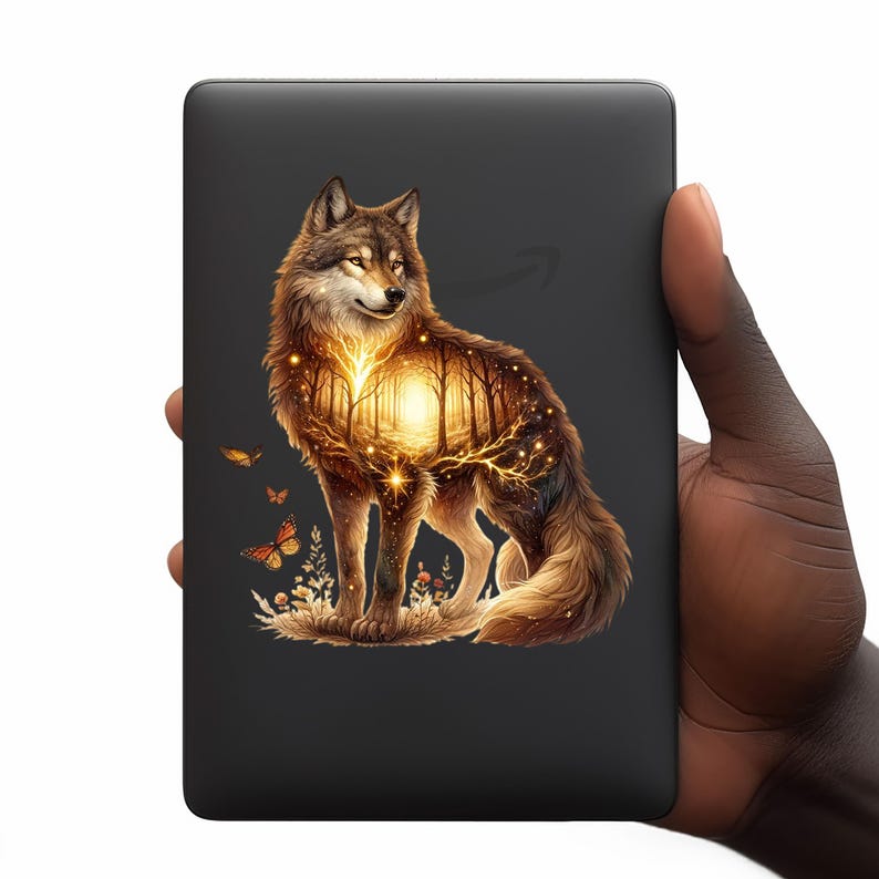 May include: A digital illustration of a wolf with a glowing forest inside its body. The wolf is standing on a grassy field with butterflies flying around it.