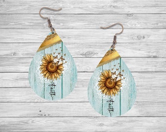 New Release, Sunflower Faith on Blue Earrings, Teardrop Dangle Printed Earrings Jewelry Handmade