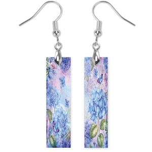 Blue Hydrangea Floral Flower Dangle Printed Earrings Jewelry Handmade