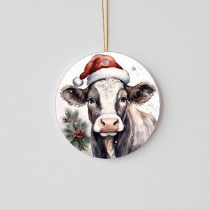 Christmas Ornament, Black and White Cow in Santa Hat Ceramic Christmas Ornament
