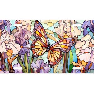 Stained Glass Butterfly Aluminum License Plate, Floral Vanity Plate