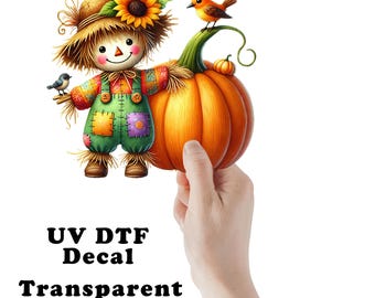 Cute Scarecrow and Pumpkin Clear UV DTF Transparent Decal / Sticker You Choose Size
