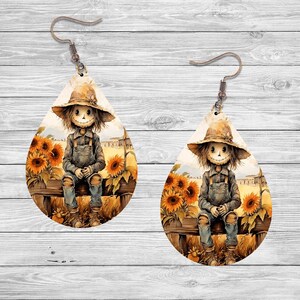 Fall Earrings, Sitting Scarecrow Tear Drop Dangle Printed Earrings Jewelry Handmade
