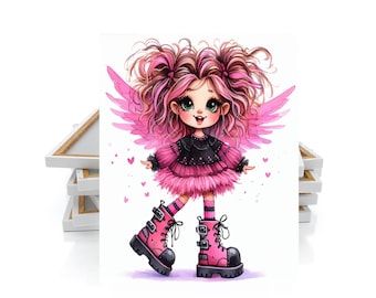 16x20 Pink and Black Angel Girl Wall Art Canvas Print
