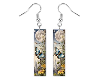 Butterfly and Full Moon Dangle Printed Earrings Jewelry Handmade