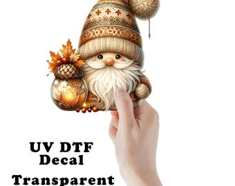 Fall Gnome with Acorn Lantern Clear UV DTF Transparent Decal / Sticker You Choose Size