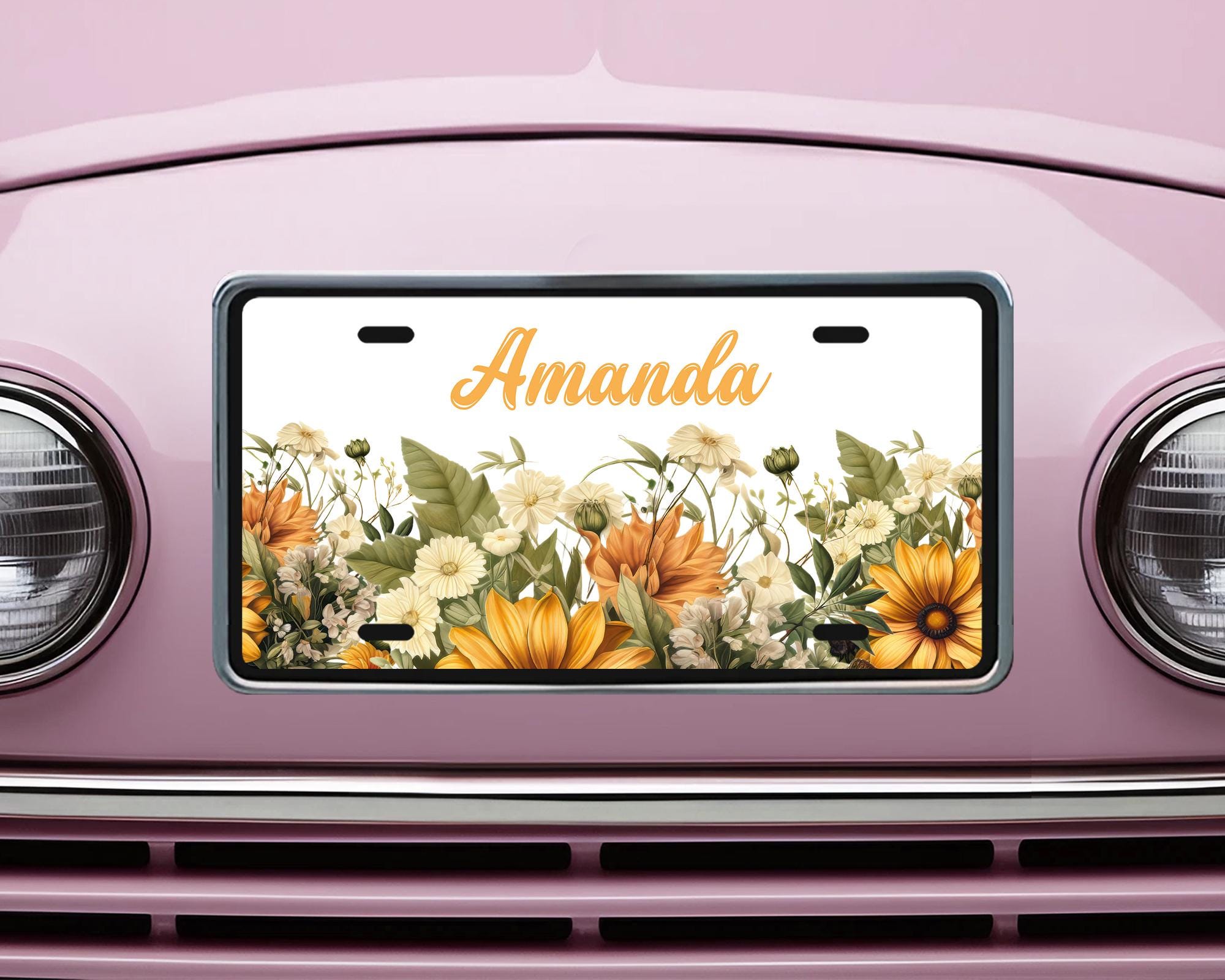 Personalized Yellow and Cream Daisy Vanity Decorative Front License