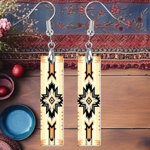 Pendientes tribales Cherokee, pendientes con barra colgante impresa, joyería hecha a mano