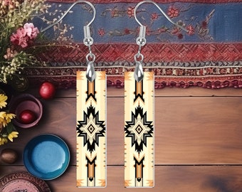 Cherokee Tribal Earrings, Bar Dangle Printed Earrings Jewelry Handmade