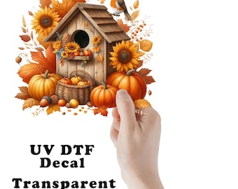 Fall Birdhouse and Pumpkins Clear UV DTF Transparent Decal / Sticker You Choose Size