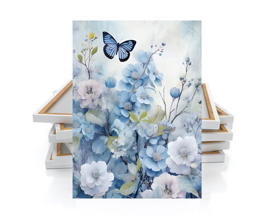 16x20 Blue Butterfly Garden Floral Wall Art Canvas Print - Etsy