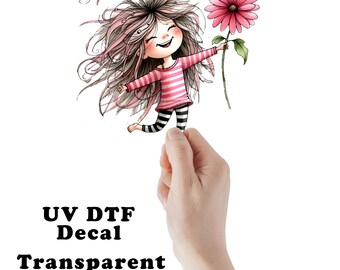 Girl with Pink Daisy UV DTF Transparent Decal / Sticker You Choose Size