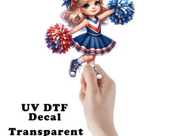 Red, White and Blue Blonde Cheerleader UV DTF Transparent Decal / Sticker You Choose Size