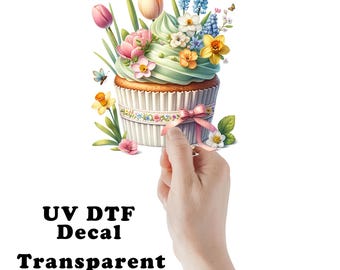 Spring Flower Cupcake UV DTF Transparent Decal / Sticker You Choose Size