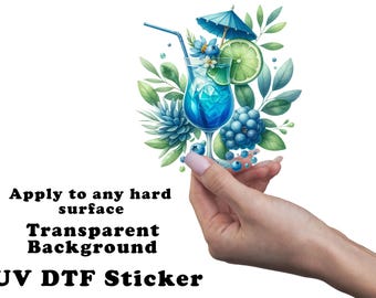 Blueberry and Lime Cocktail UV DTF Transparent Decal / Sticker You Choose Size