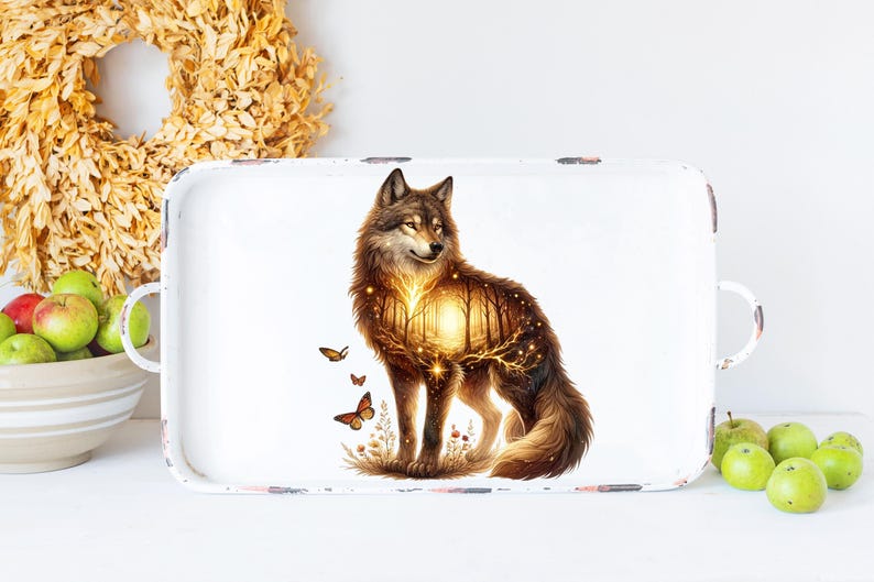 May include: A white metal tray with a wolf illustration. The wolf is depicted with a forest scene inside its body, glowing with golden light. The tray has distressed edges and two handles.