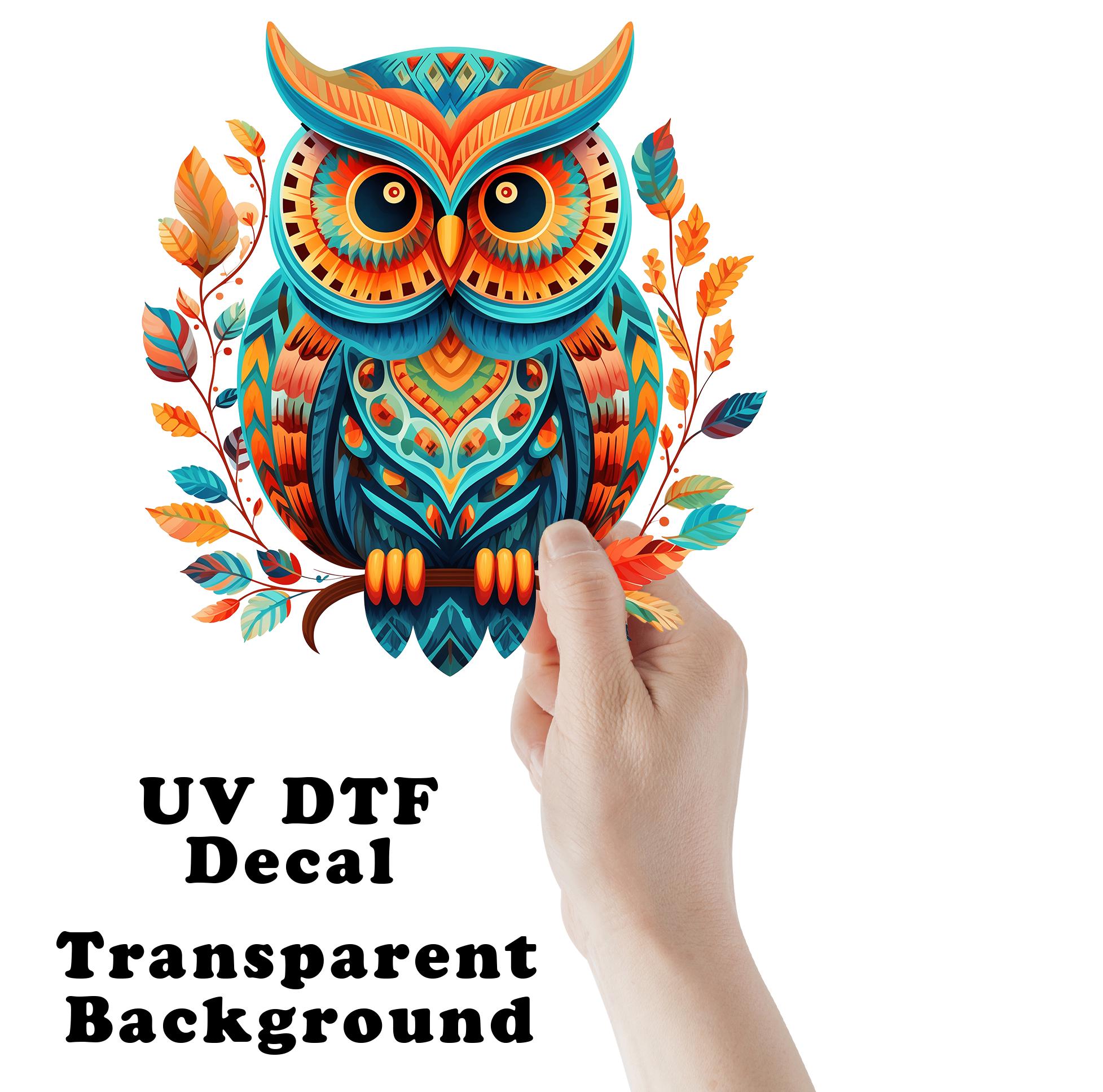 Teal and Orange Owl UV DTF Transparent Decal / Sticker You Choose Size