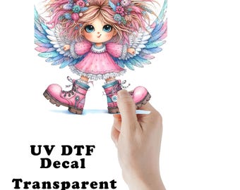 Quirky Pink Angel UV DTF Transparent Decal / Sticker You Choose Size