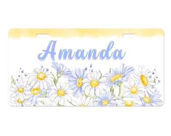 Personalized Blue and White Daisies Print Aluminum Front License Plate