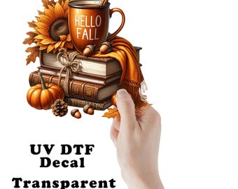 Hello Fall Orange Coffee and Books UV DTF Transparent Decal / Sticker You Choose Size