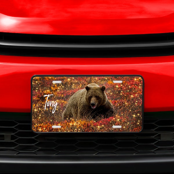 Personalized Bear Sparkles Wildlife Print Aluminum Front License Plate, Vanity Plate, Car Accessory