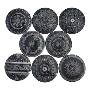 Set of 8 Black and White Medallion Wood Cabinet Knobs