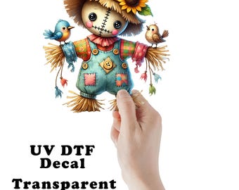 Cute Scarecrow and Birds Clear UV DTF Transparent Decal / Sticker You Choose Size