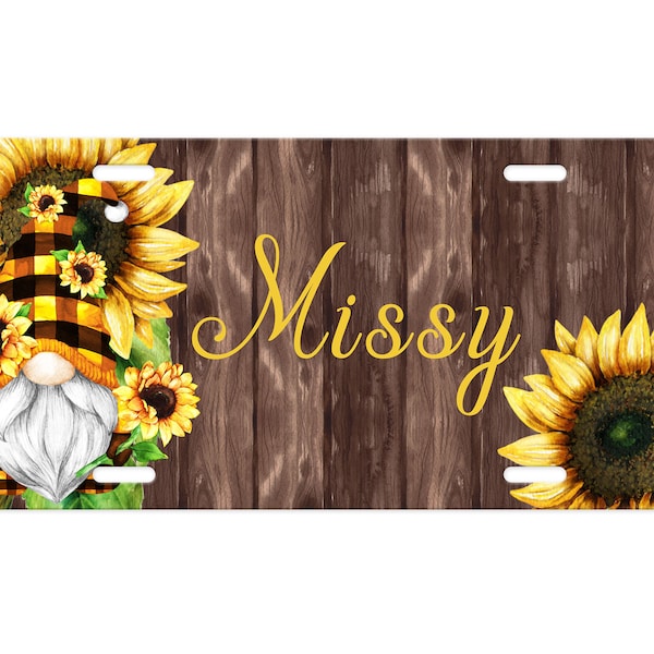 Personalized Sunflower Gnome Aluminum Front License Plate