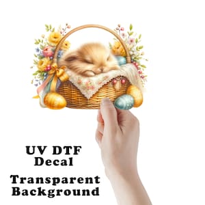 May include: A cute, sleeping bunny rabbit in a wicker basket with pastel-colored Easter eggs and spring flowers. The basket is decorated with a white lace doily and a yellow ribbon. The background is white.