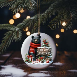Merry Christmas Black Bear Christmas Tree Ceramic Christmas Ornament