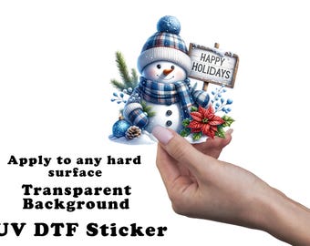 Happy Holidays Blue Snowman Christmas UV DTF Transparent Decal / Sticker You Choose Size