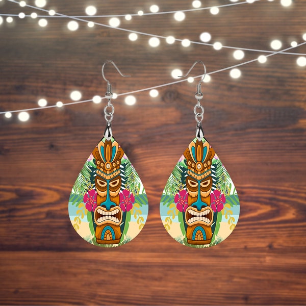 Tiki Man Beach Wood Print Tear Drop Dangle Printed Earrings Jewelry Handmade