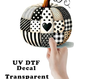Black and White Patchwork Pumpkin UV DTF Transparent Decal / Sticker You Choose Size