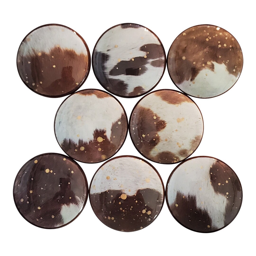 Knobs, Drawer Knobs, Set of 8 Gold Splatter Cowhide Print Wood