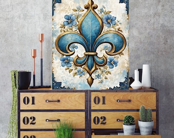 16x20 Blue Fleur de Lis Wall Art Canvas Print