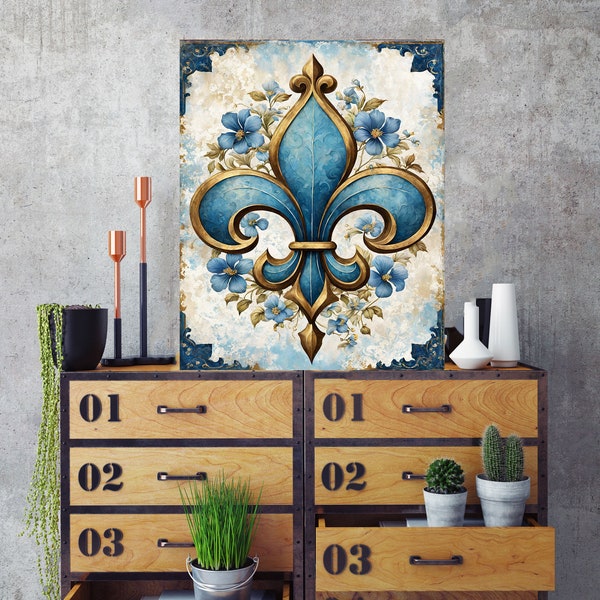 New Release, 16x20 Blue Fleur de Lis Wall Art Canvas Print