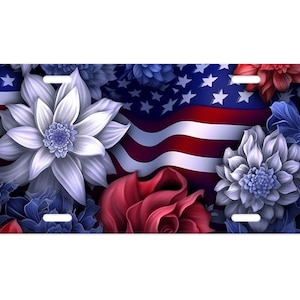 American Flag Floral Patriotic, Printed Aluminum Front License Plate, Car Accessory, Vanity Plate
