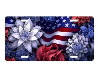 American Flag Floral Patriotic, Printed Aluminum Front License Plate, Car Accessory, Vanity Plate