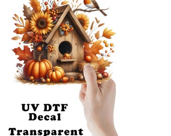 Fall Birdhouse  Clear UV DTF Transparent Decal / Sticker You Choose Size