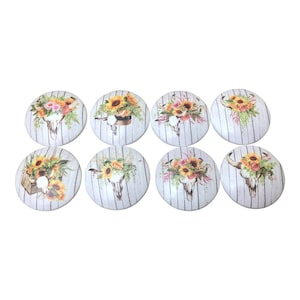 Set of 8 Sunflower Cowskull Wood Cabinet Knobs