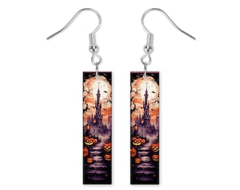 Halloween Bat Castle Dangle Printed Earrings Jewelry Handmade