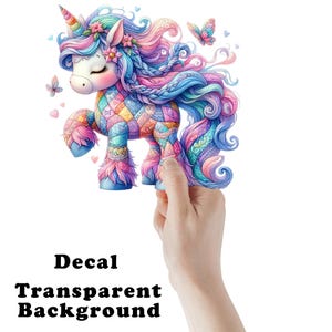 May include: A colorful unicorn decal with a transparent background. The unicorn features a rainbow mane, tail, and body with a patchwork design. Butterflies and hearts accent the design. The text "Decal Transparent Background" is at the bottom.