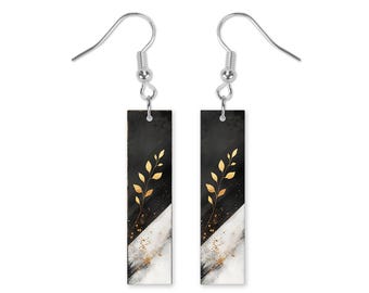 Gold Leaves Black and White Dangle Printed Earrings Jewelry Handmade