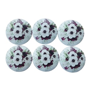 Cabinet Knobs, Set of 6 White Anemones Flowers Wood Cabinet Knobs, Drawer Knobs and Pulls, Kitchen Cabinet Knobs