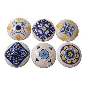 Set of 6 Lemon Blues Print Wood Cabinet Knobs