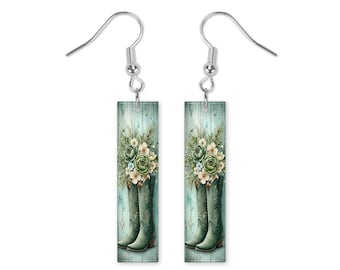 Green Floral Boots Dangle Printed Earrings Jewelry Handmade