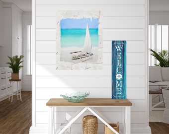 24 inch  (2 Ft Tall) Blue Coastal Welcome Vertical Wood Print Sign